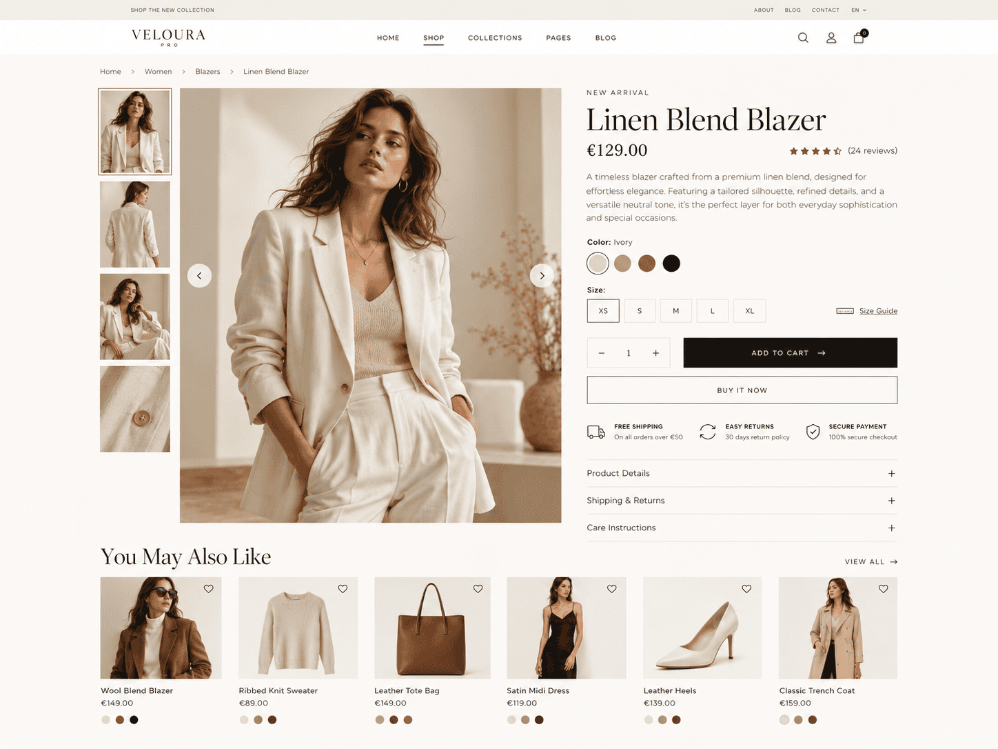 Veloura Pro WooCommerce fashion product page WordPress theme